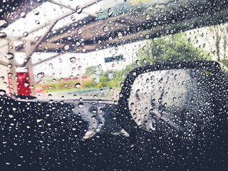  Abstract background : Rain drop on grass car window blurry with heavy rain, Driving in rain, rainy weather.