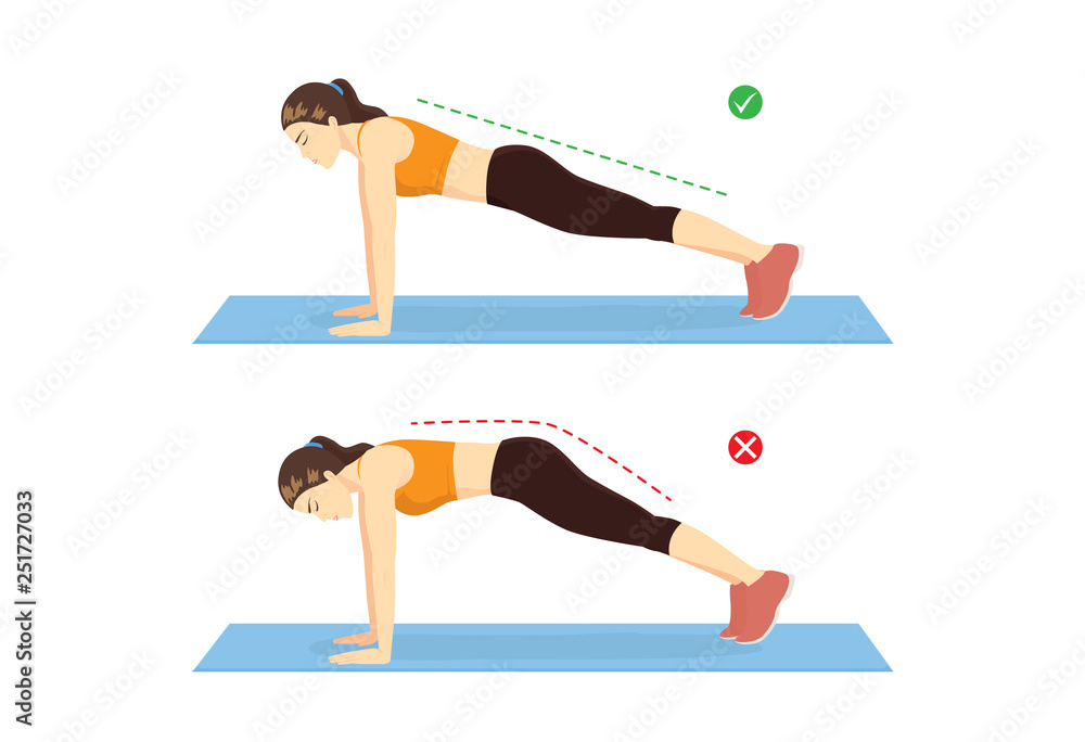 Woman doing correct full plank exercise position and wrong for compare on blue mat. Illustration about workout guide.  - obrazy, fototapety, plakaty 