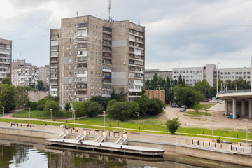 View of the old soviet residential building on the embankment of Admiral Tributs near Pregolya River in center of Kaliningrad (former Konigsberg), Russia.