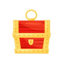 Canvas Print - Bright red wooden chest with golden stripes, keyhole and handle. Casket for jewelry. Flat vector icon