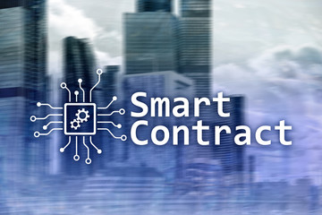 Smart contract, blockchain technology in business, finance hi-tech concept. Skyscrapers background.