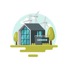 Canvas Print - Flat vector icon with modern living house, wind turbines, green trees and bushes. Eco-friendly residential building