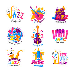 Wall Mural - Flat vector set of abstract logos for jazz festival. Bright creative emblems with musical instruments and colorful text