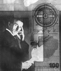 Nikola Tesla portrait on Serbia 100 dinars banknote close-up. Black and white image