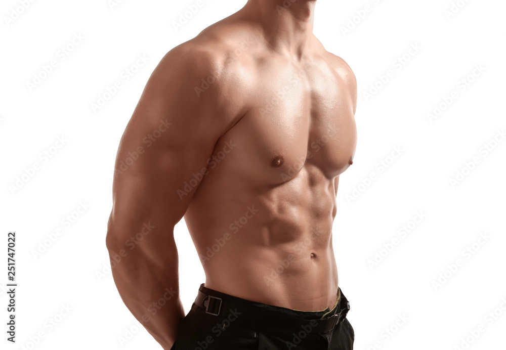 Muscular bodybuilder on white background