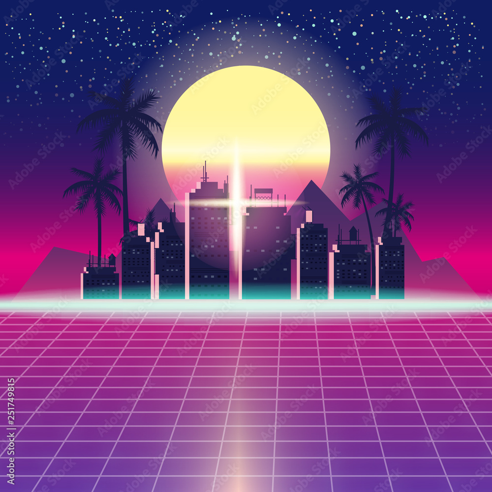 Synthwave Retro Futuristic Landscape With City Palms, Sun, Stars And Styled Laser Grid. Neon Retrowave Design And Elements Sci-fi 80s 90s Space. Vector Illustration Template Isolated Background - obrazy, fototapety, plakaty 