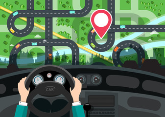 Poster - Driving Car Concept with Hands on Steering Wheel and City Map with Destination Red Pin Behind the Window - GPS Navigation Vector Design