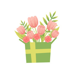 Sticker - Bouquet of Pink Flowers in Box, Hello Spring Floral Design Template Vector Illustration