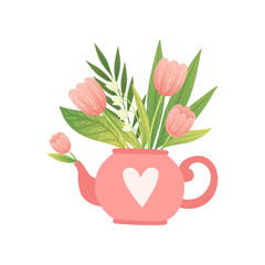 Sticker - Bouquet of Pink Flowers and Leaves in Teapot, Hello Spring Floral Design Template Vector Illustration