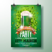 Saint Patrick's Day Party Flyer Illustration With Green Beer And Clover On Abstract Background. Vector Irish Lucky Holiday Design For Celebration Poster, Banner Or Invitation.