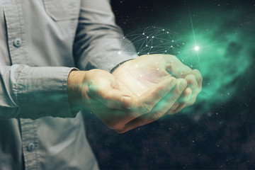 Poster - Man holding in palm Social connection technologies. Mixed media.