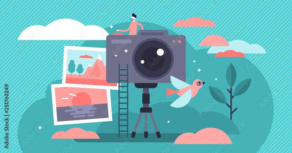Photographer vector illustration. Flat tiny camera picture person concept. - obrazy, fototapety, plakaty 