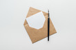 © LIGHTFIELD STUDIOS - top view of brown envelope with empty card and ink pen on grey background