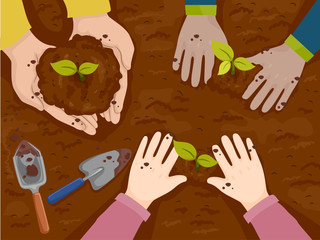 Canvas Print - Hands Kids Plant Top View Illustration