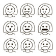 © Юлия Жигулова - Set of cool vector faces, different emotions. Linear style cute smiley emoticons set. Girl character