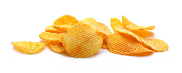 Pepper, paprika flavored potato chips, crisps isolated on white background