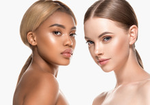 Two Wemen With Dark And Light Skin Tone Caucasian And African American Models With Different Skintones Lines Beauty Healthy Concept
