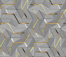 Wall Mural - 3d realistic grey wall tiles with gold metal decor. Shaded geometric modules. High quality seamless texture.