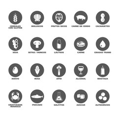 Poster - Isolated Vector Logo Set Badge Ingredient Warning Label. Black and white Allergens icons. Food Intolerance. Written in Spanish