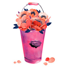 Gouache Coral Anemones In A Pink Pail. Hand-drawn Clipart For Art Work And Weddind Design.