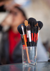 Set of brushes for powder. Powder brush set. Cosmetic brush. Cosmetic product. Cosmetic set. Make up brushes. Make up set.