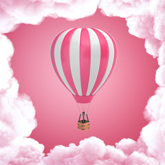 3d rendering of white pink hot air balloon with white clouds on pink background