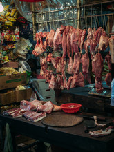 Fresh Meat Street Buthers Market Display In Causeway Bay Area Of Hong Kong Island