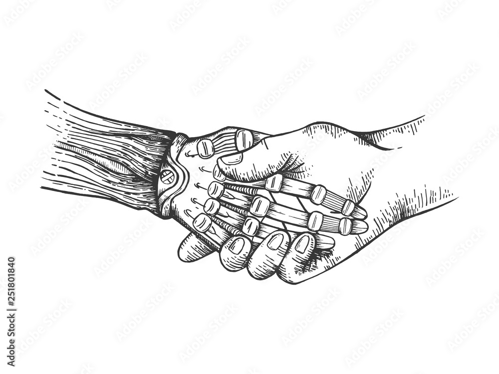 Mechanical human robot handshake sketch engraving vector illustration ...