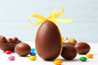  Easter composition with chocolate eggs and chocolate rabbit on wooden background, place for text 