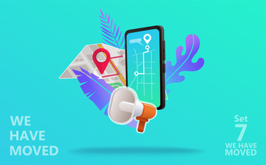 We have moved vector illustration concept. We have moved new office icon location.  Change location announcement business home map. Use for, landing page, template, ui, web, mobile app, poster, banner