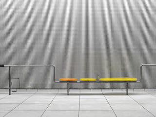 Empty vibrant color public bench with geometrical pattern wall in the background.