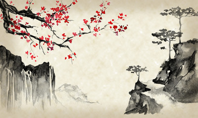 Japan traditional sumi-e painting. Indian ink illustration. Japanese picture. Sakura and mountains