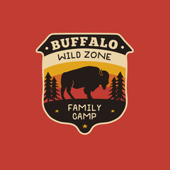 vintage hand drawn wildlife logo patch with bison, forest and quote - buffalo wild zone - family cam
