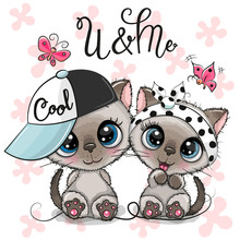 Two Cartoon Kittens Boy And Girl With Cap And Bow