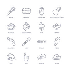 Set Of 16 Thin Linear Icons Such As Steak, Oyster, Gin, Lime, Pickle, Salami, Leek From Gastronomy Collection On White Background, Outline Sign Icons Or Symbols