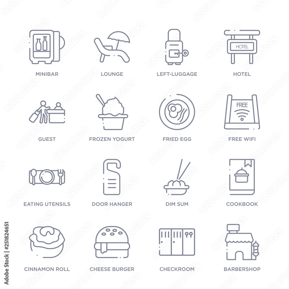 set of 16 thin linear icons such as barbershop, checkroom, cheese ...