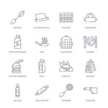 Set Of 16 Thin Linear Icons Such As Cleaver, Skimmer, Rolling Pin, Sauces, Grater, Napkin, Milk From Kitchen Collection On White Background, Outline Sign Icons Or Symbols