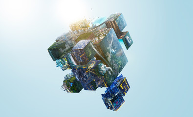 Wall Mural - Fantasy puzzle cube of city and landscapes floating in the air , smart and creative city  global concept . Mixed media