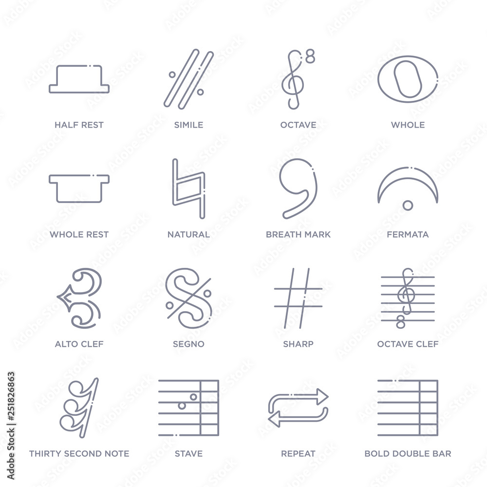 set of 16 thin linear icons such as bold double bar line, repeat, stave,  thirty second, image size:1000x1000