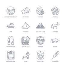 Set Of 16 Thin Linear Icons Such As Corndog, Route 66, Deer, Fifth Avenue, Bison, Sheriff, 4th Of July From United States Collection On White Background, Outline Sign Icons Or Symbols