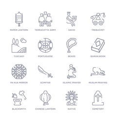 Sticker - set of 16 thin linear icons such as cemetery, native, chinese lantern, blacksmith, muslim praying, islamic prayer, scimitar from cultures collection on white background, outline sign icons or