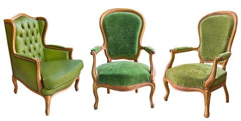 Wall Mural - Three gorgeous vintage green armchairs isolated on white background.