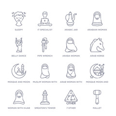 Sticker - set of 16 thin linear icons such as mallet, 7 other, smeaton's tower, woman with hijab, mosque moon and star, arab woman with hijab, muslim woman with hijab from other collection on white