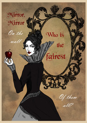 Greeting card with Evil Queen. Fairytale character. Graphic gothic illustration on vintage kraft background