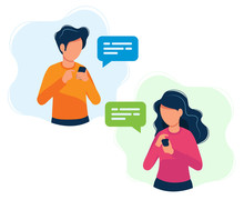 Man And Woman With Smartphones. Concept Illustration, Texting, Messaging, Chatting, Social Media, Customer Assistance, Dating, Communication. Bright Colorful Vector Illustration. 