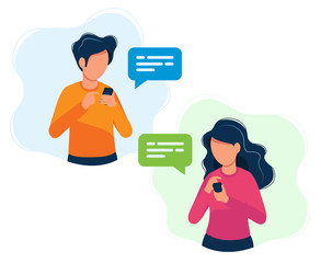 Wall Mural - Man and woman with smartphones. Concept illustration, texting, messaging, chatting, social media, customer assistance, dating, communication. Bright colorful vector illustration. 