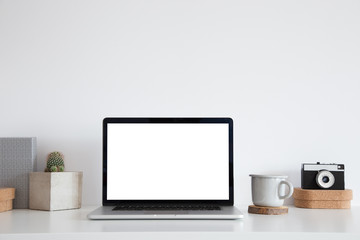 Wall Mural - Table with laptop, mac mockup.