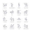 © Meth Mehr - set of 16 thin linear icons such as wood carving, yoyo, knife making, sand art, rappelling, warming up, travelling from activity and hobbies collection on white background, outline sign icons or