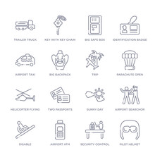 Set Of 16 Thin Linear Icons Such As Pilot Helmet, Security Control, Airport Atm, Disable, Airport Searchor, Sunny Day, Two Passports From Airport Terminal Collection On White Background, Outline
