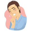 © Kakigori Studio - Illustration of insecure shy man making silence quiet hand gesture with finger in front of mouth